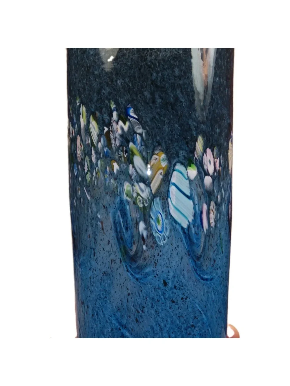 Vintage Blue Millefiori Hand Blown Art Glass Cylinder Vase 8.25
